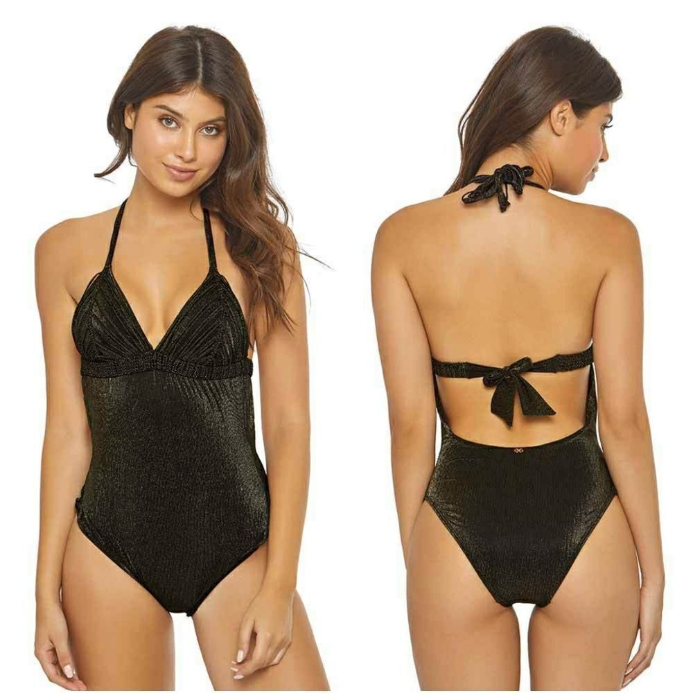 New! PILYQ Resort Women's Isla Shimmery Halter One-Piece Swimsuit Bathing Suit